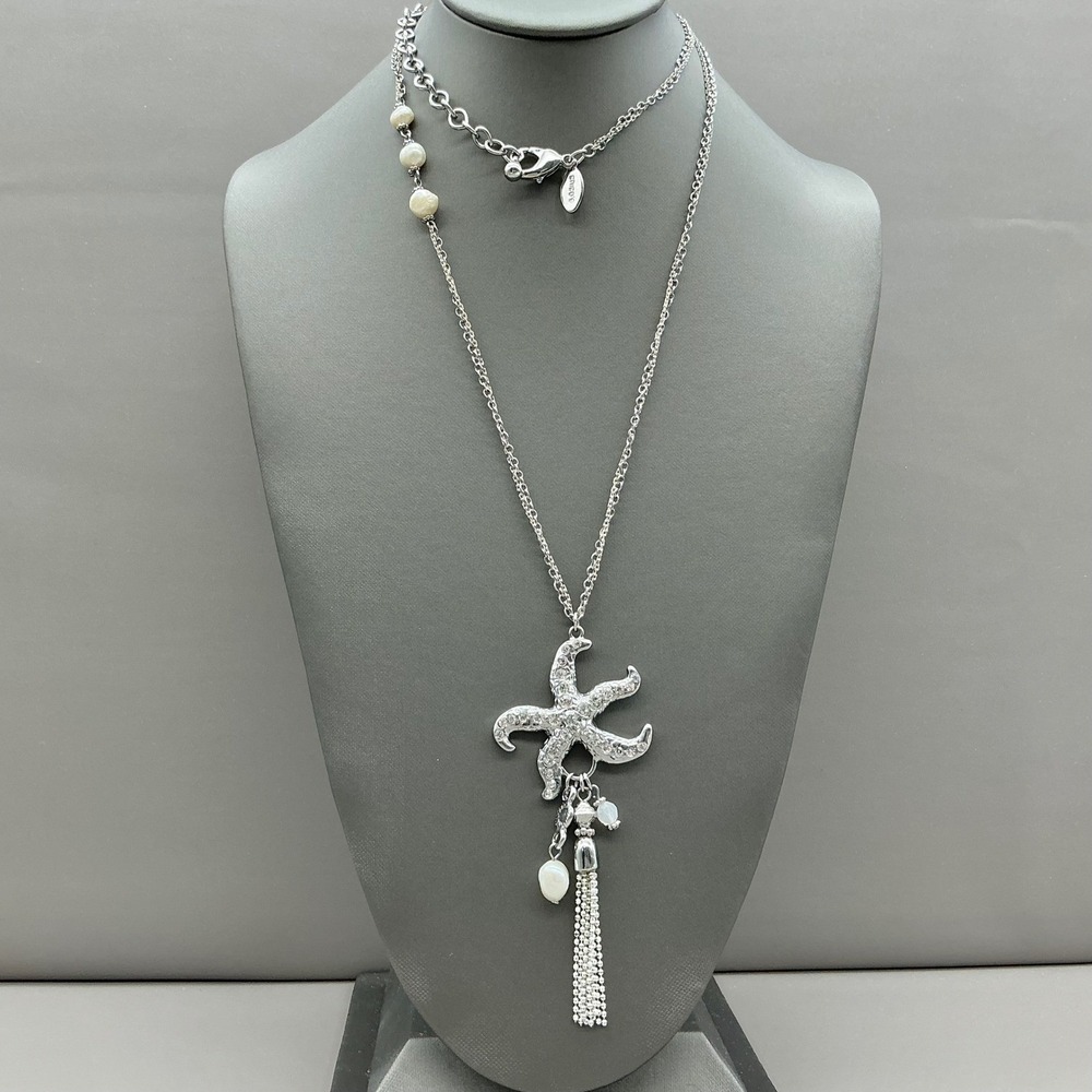 Chico's Necklace Womens‎ Silver Tone Starfish Faux Pearl Tassel Beachy 30 Inch